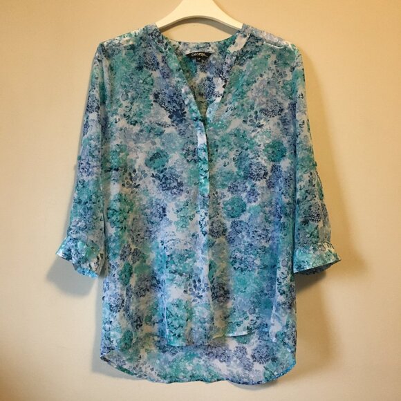 Abstract Watercolour Mermaidcore Print Sheer Button Up Collar Tunic Shirt - Picture 2 of 16